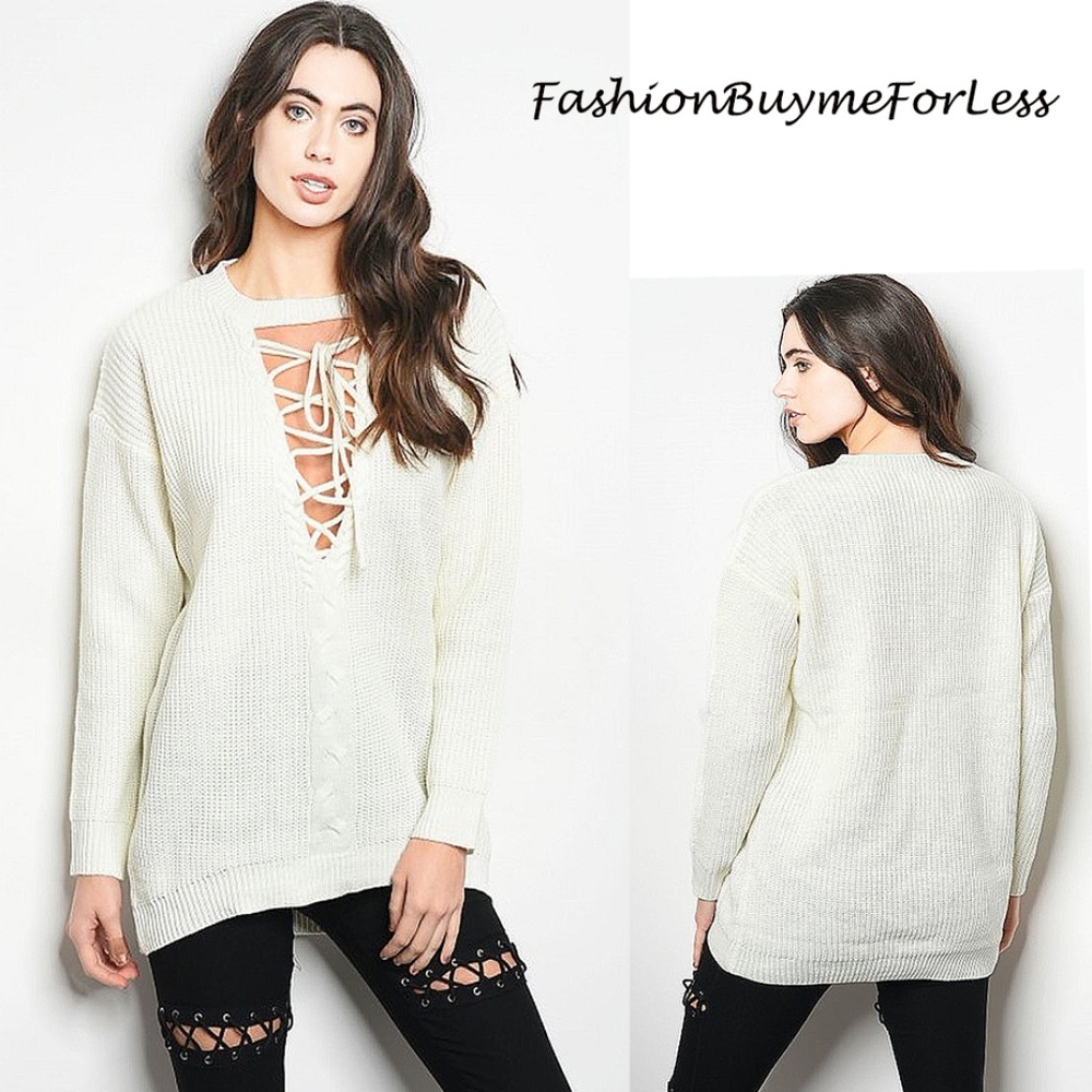 Ivory Lace Up Criss Cross Tie Eyelet Sweater Top